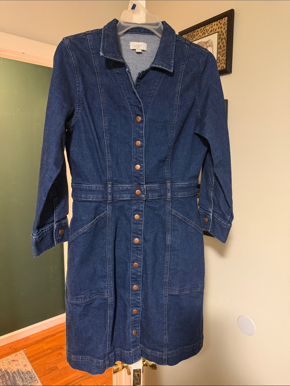 LOFT Dark Blue Denim Button-Front Long Sleeve Dress